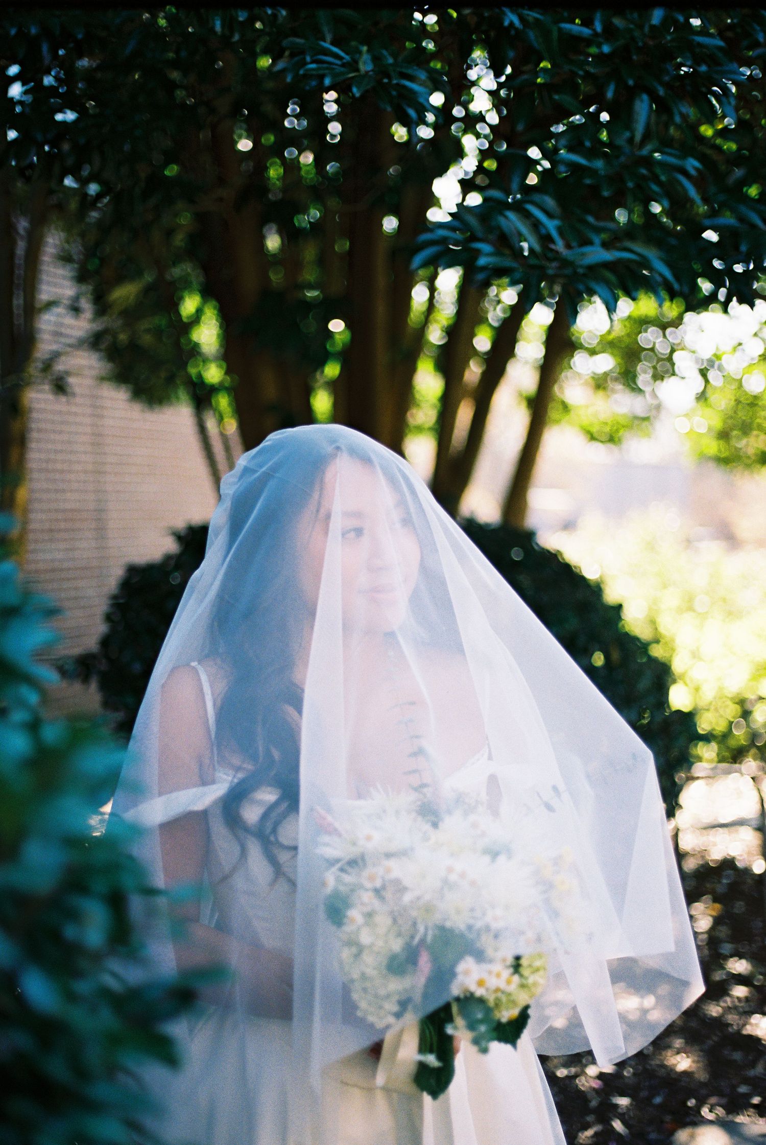 A bride in a white veil poses outdoors against lush green foliage on a sunny day.