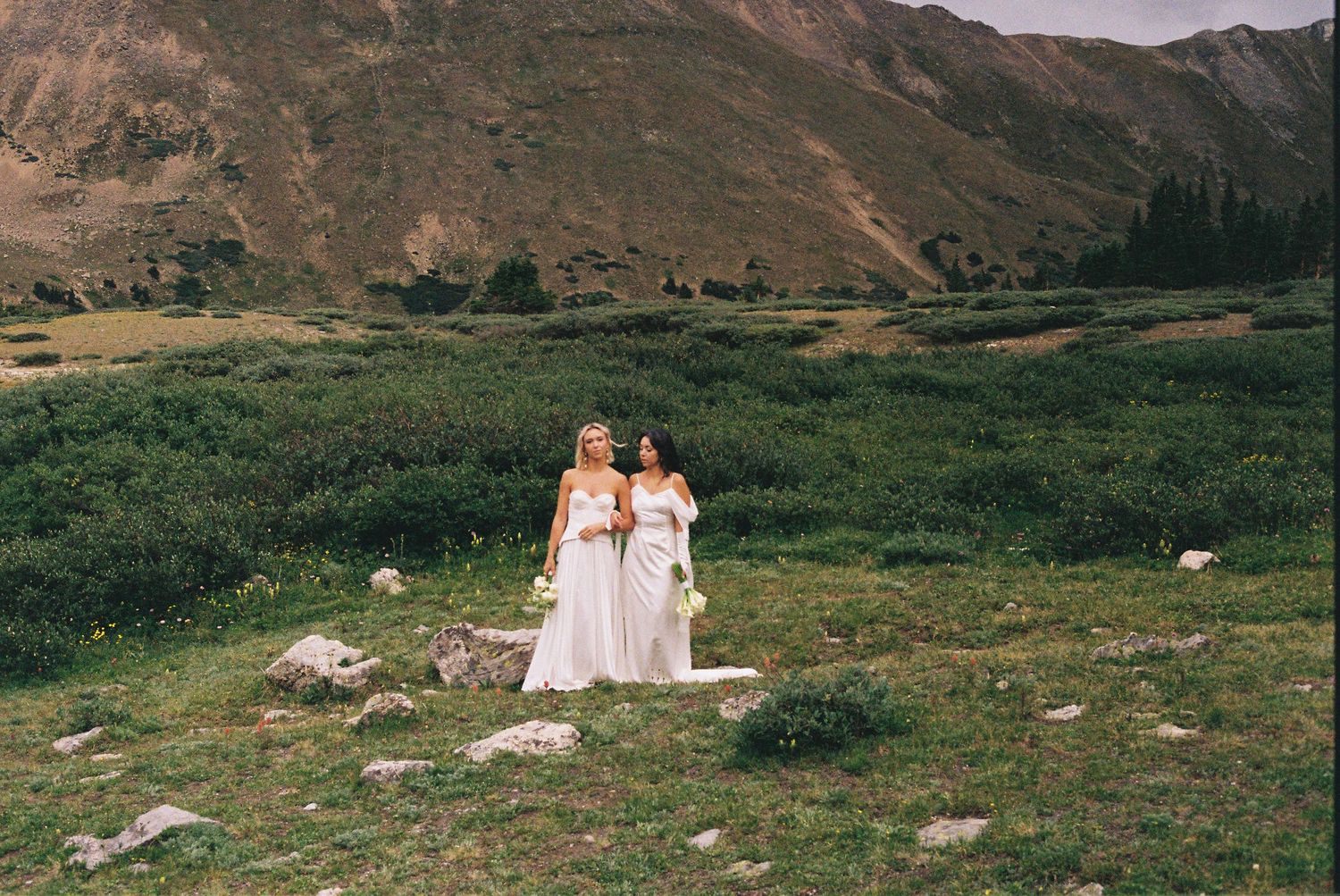 Couple celebrates their wedding day in a scenic mountain valley with dramatic rocky peaks.