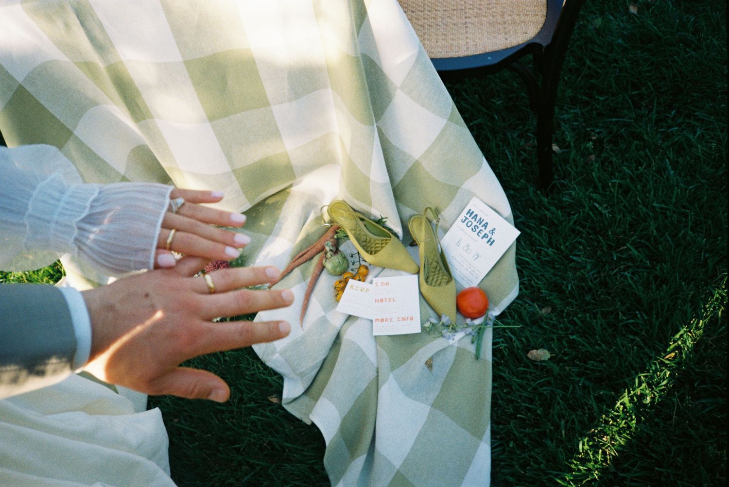 Hands hold a white paper airplane against a green foliage background in natural lighting.