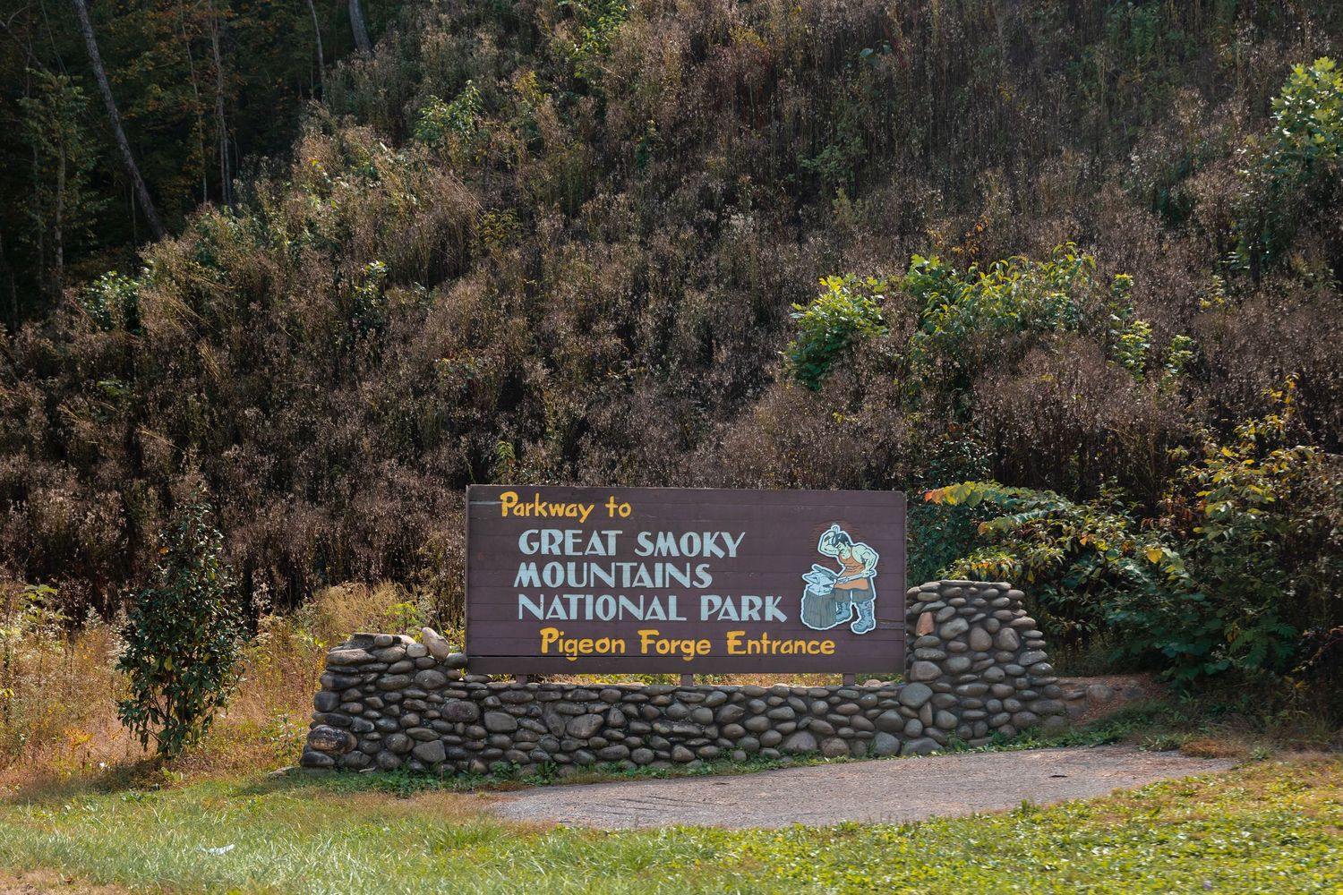 Scenic mountain road winding through autumn forest in Great Smoky Mountains National Park.