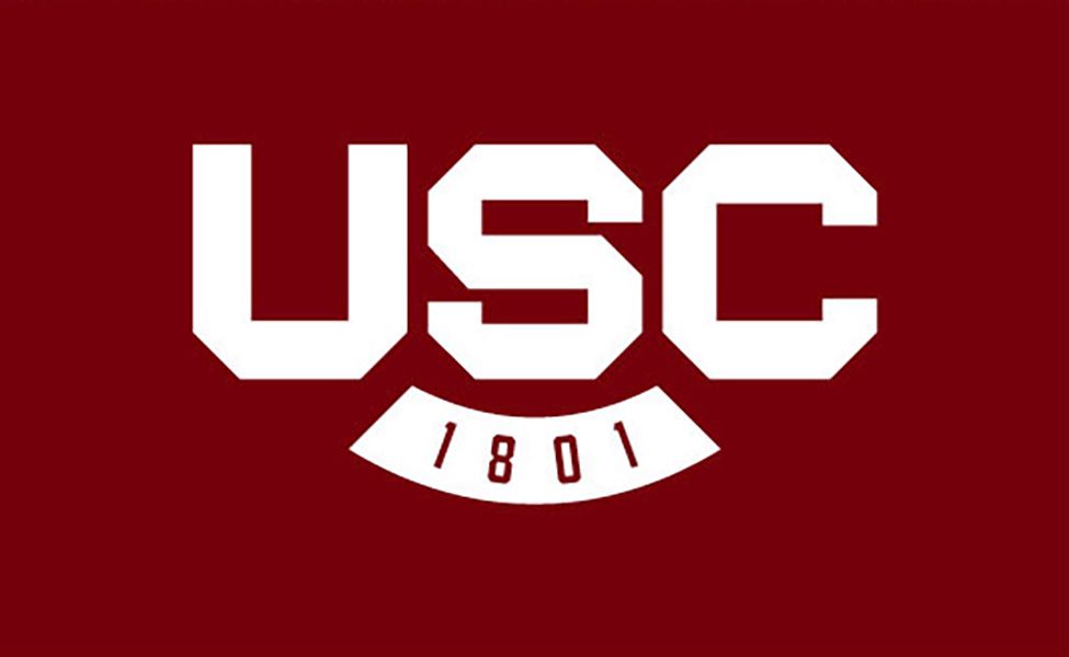 USC logo in white text on dark red background with 1801 founding year.