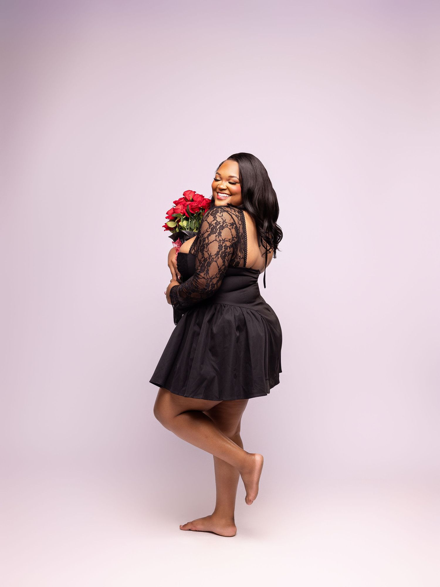 A figure in a black dress poses gracefully with red roses against a light purple backdrop in a series of artistic shots.