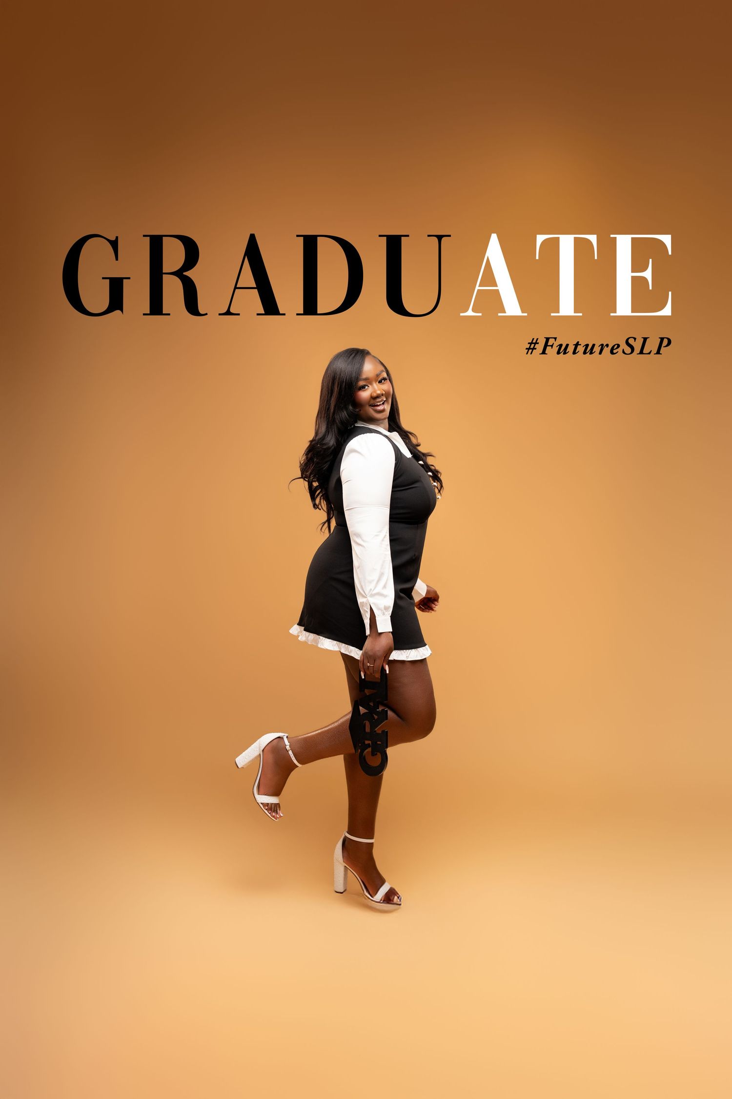 Smiling Black female graduate poses in black and white dress with #FutureSLP hashtag on golden background.