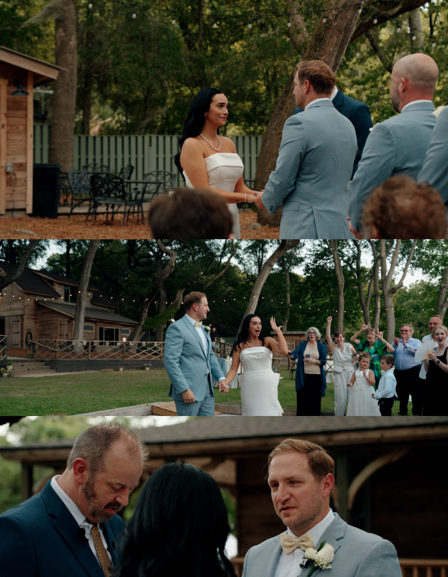 Outdoor wedding ceremony at a rustic venue with guests gathered under trees and light blue suits worn by groomsmen.