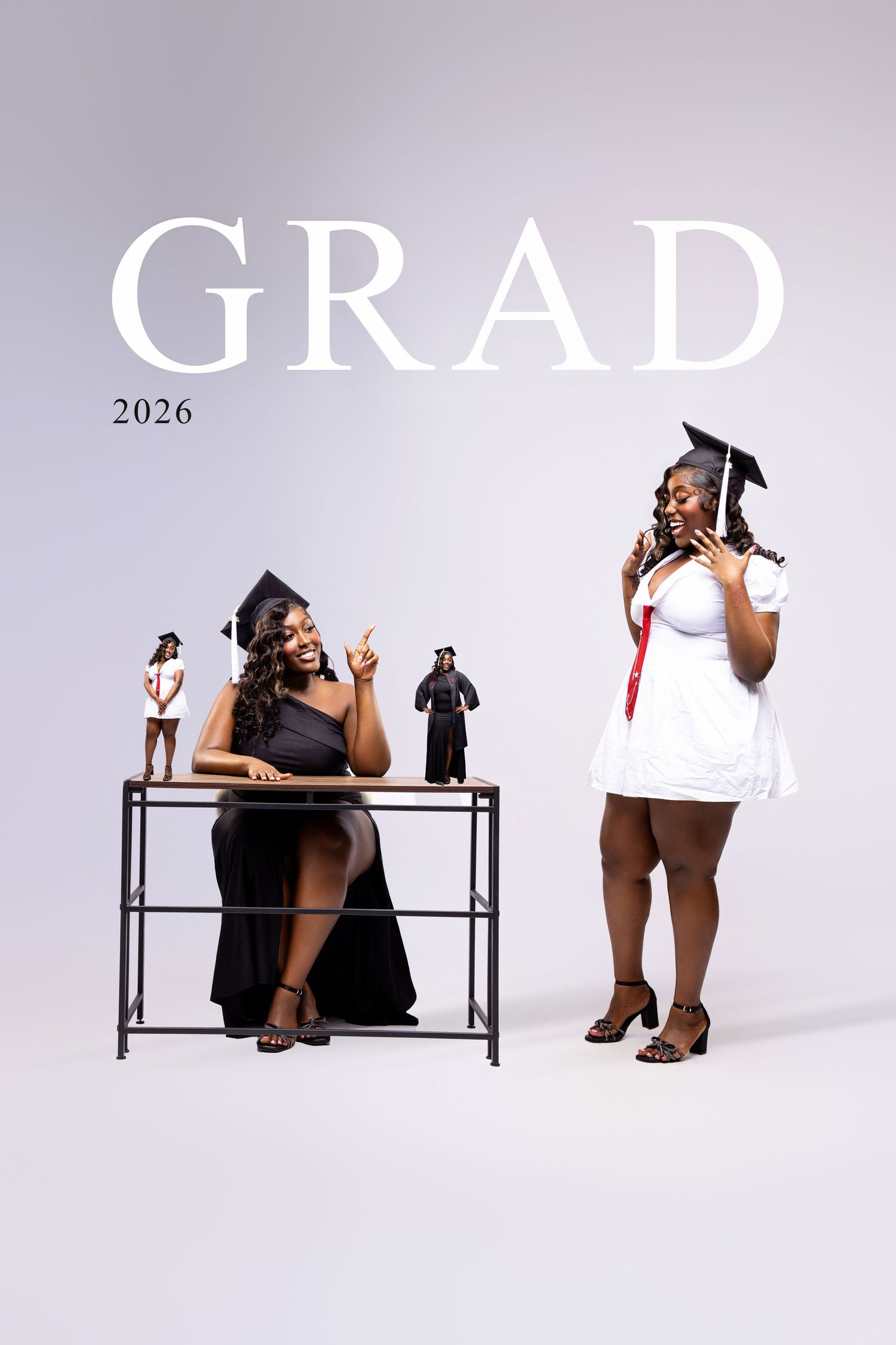Two women in graduation caps celebrate their 2026 grad milestone, one in black gown seated, one in white dress standing.