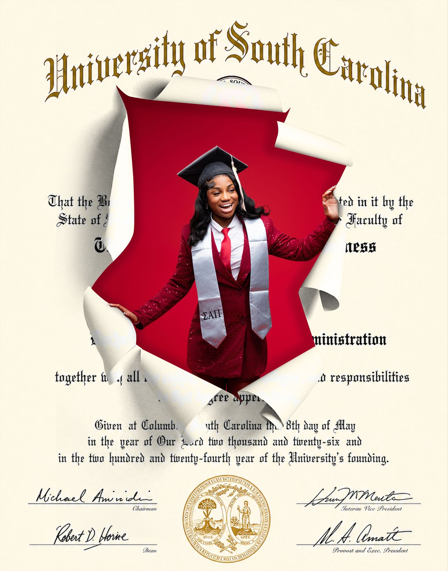 University of South Carolina graduate in red cap and gown poses through a torn diploma photo effect.