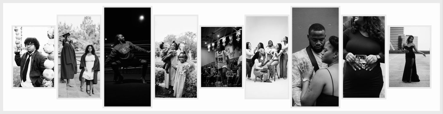 A black and white collection of wedding photos arranged in a filmstrip style showing candid moments and celebrations.
