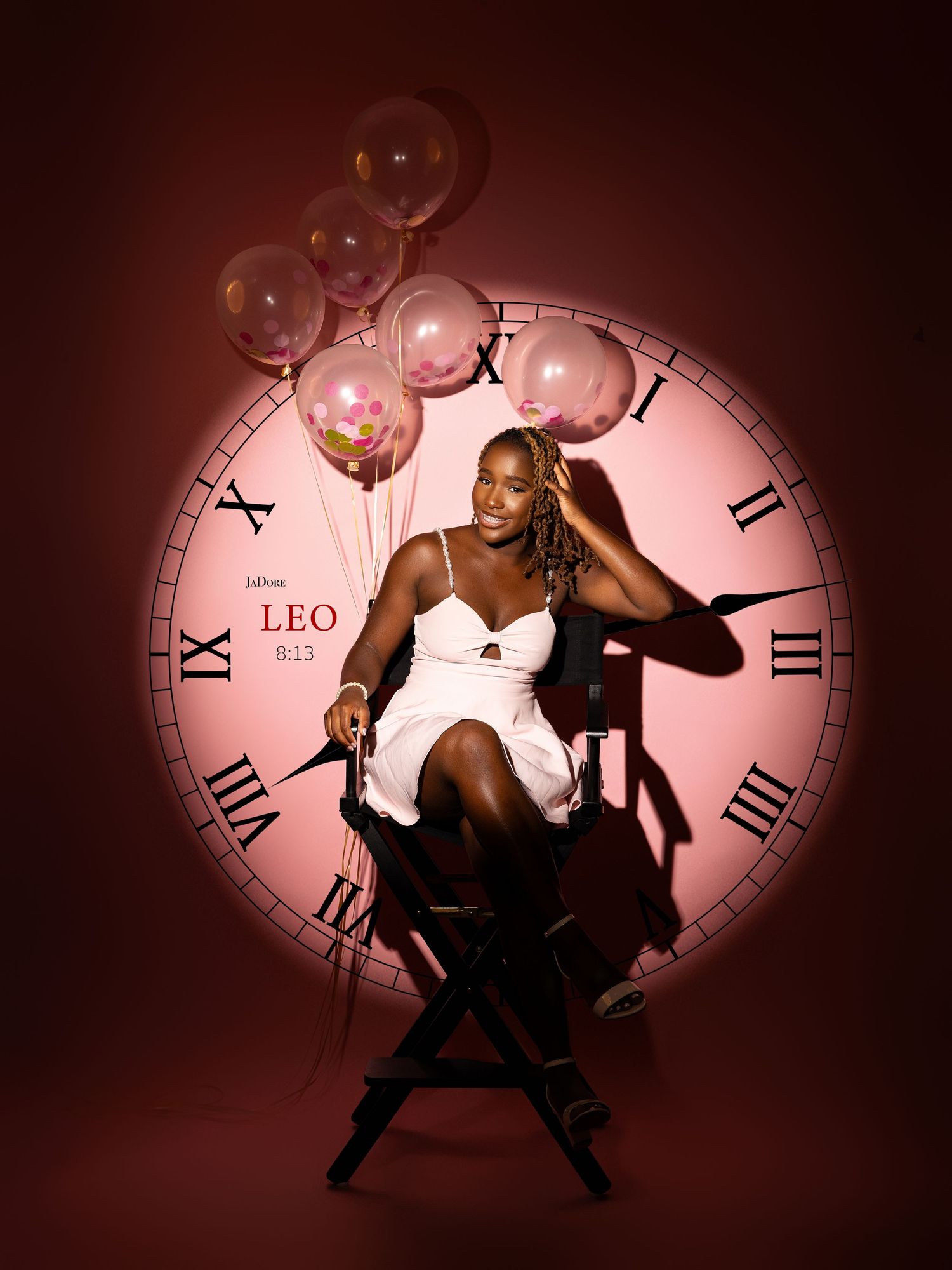 Artistic photo series showing figure in black outfit posing dramatically against large illuminated clockface backdrop.