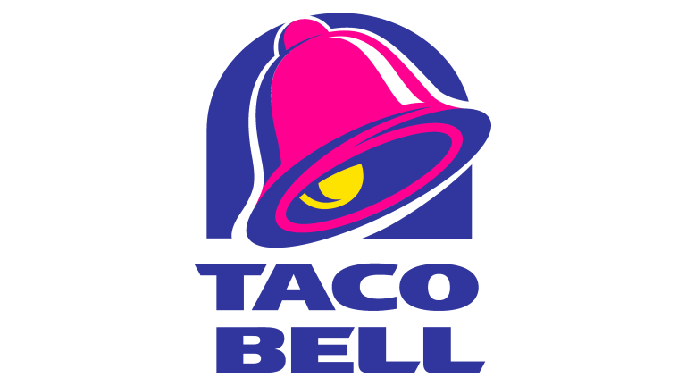 Vintage Taco Bell logo featuring a stylized pink bell against a blue background with text underneath.
