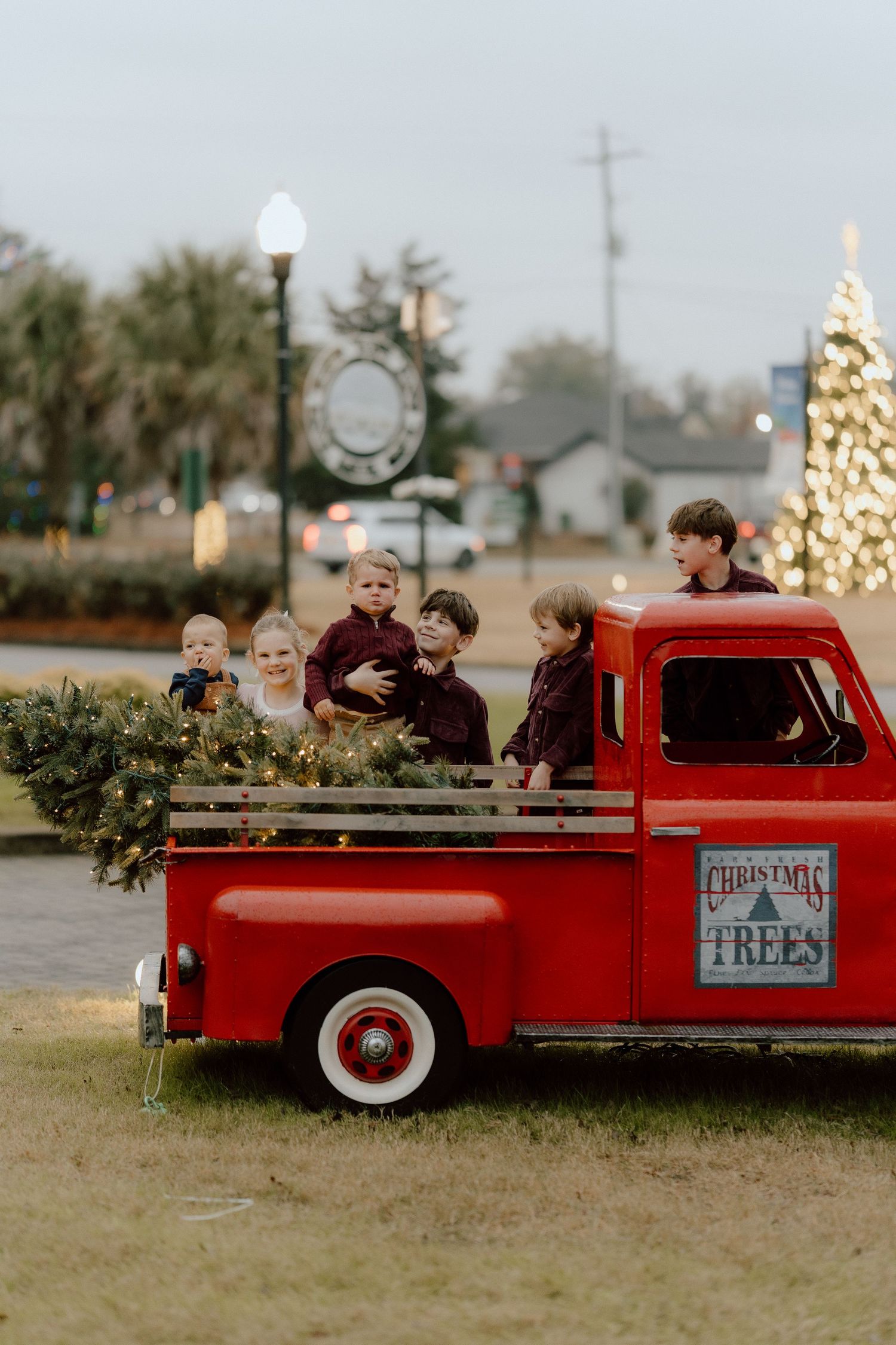 A vintage red pickup truck with a Christmas tree sign parked in a field during a holiday photo session.