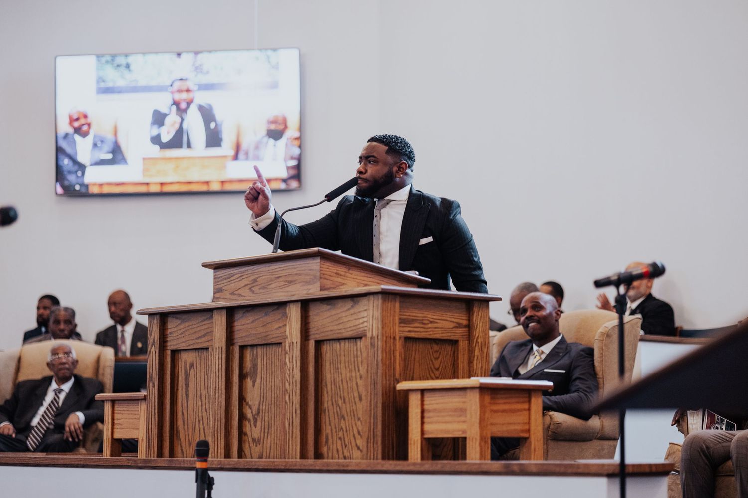 A collage of church service photos showing wooden pews, speakers at podiums, and congregation members in worship.