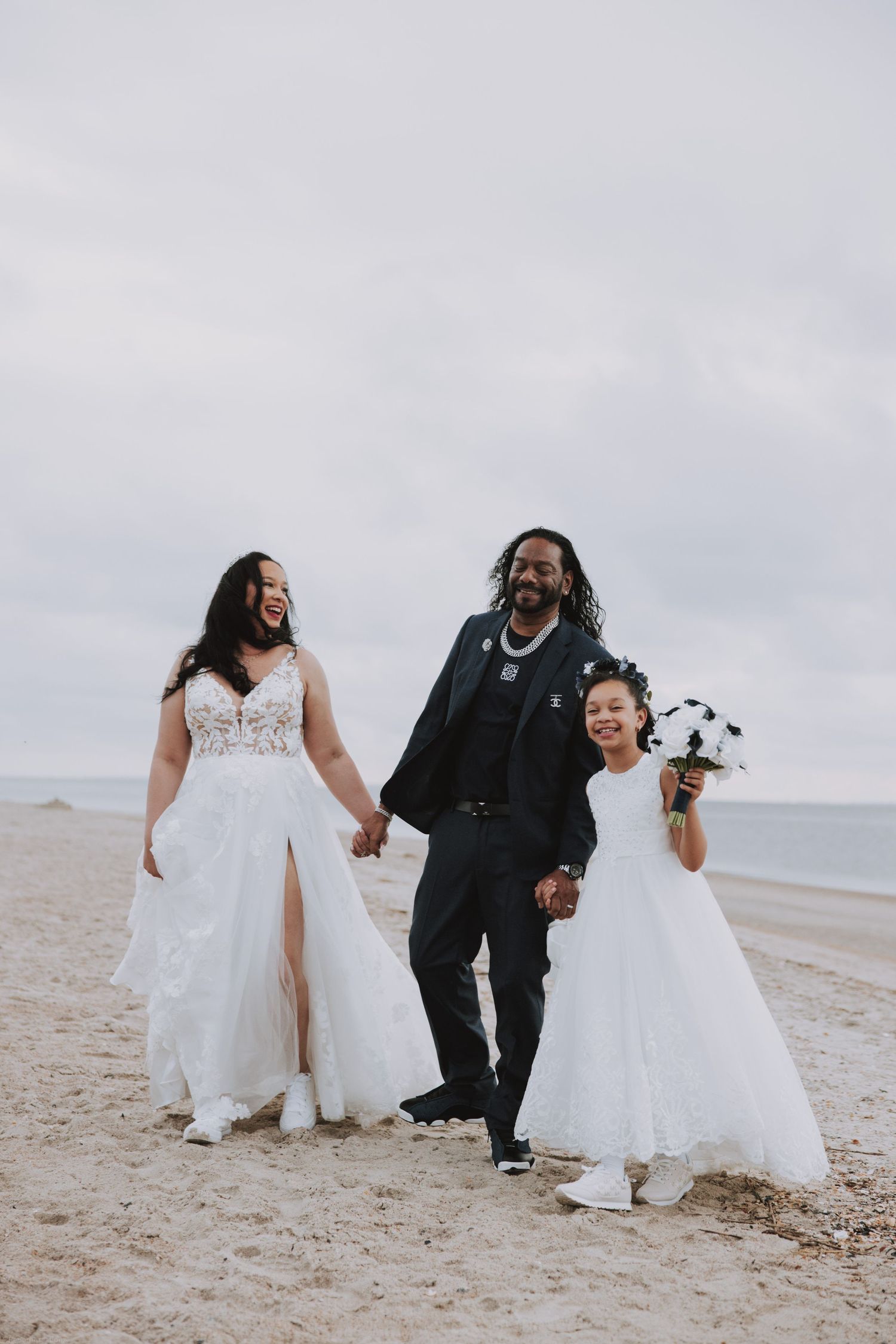 A joyful wedding photo sequence on the beach showing a couple laughing and walking together in formal attire.