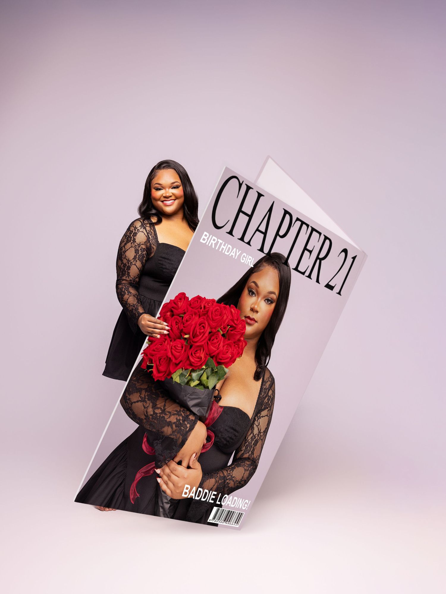 Four editorial-style photos show a figure in black lace posing with red roses against a light purple background.