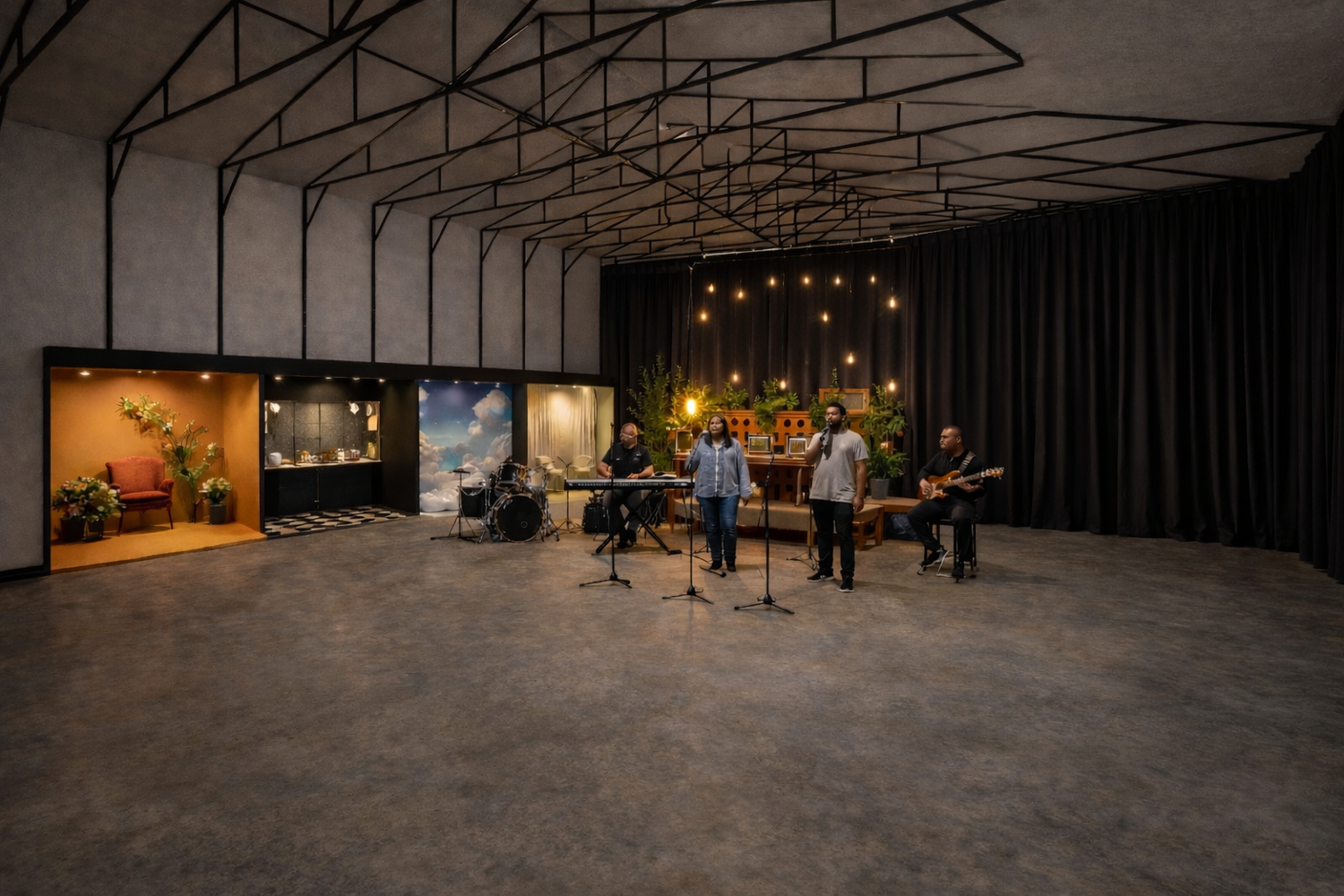 Dark industrial warehouse space with exposed ceiling beams and scattered string lights creating a moody atmosphere.