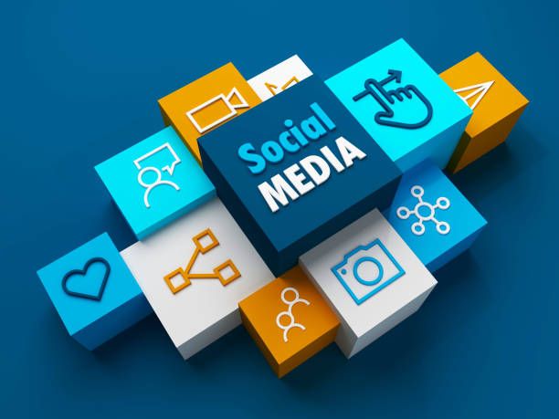 Colorful social media icons and symbols arranged in geometric pattern on blue background.