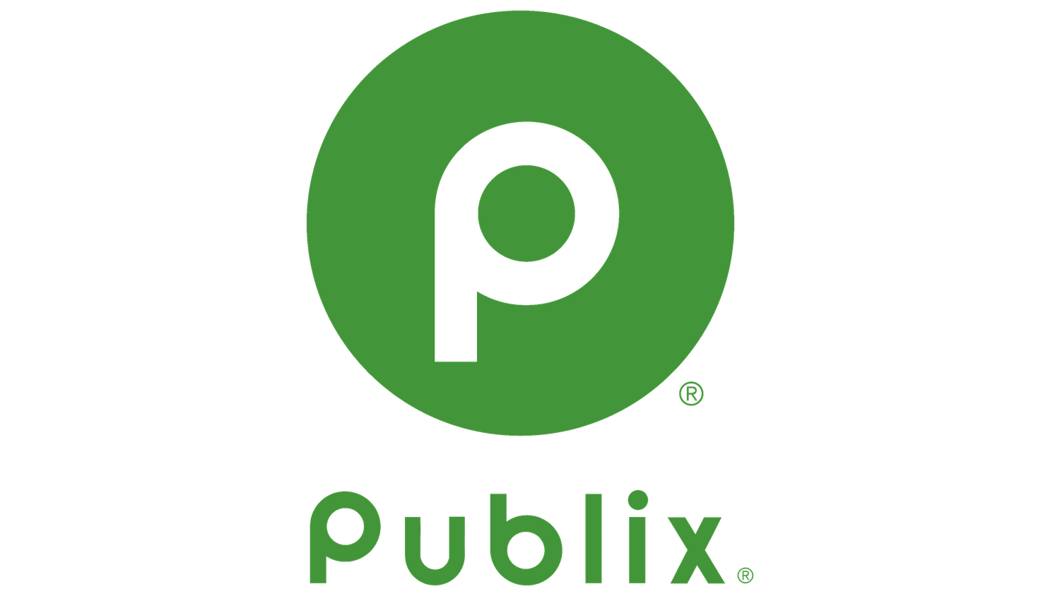 The Publix supermarket logo features a green lowercase letter P with a registered trademark symbol.