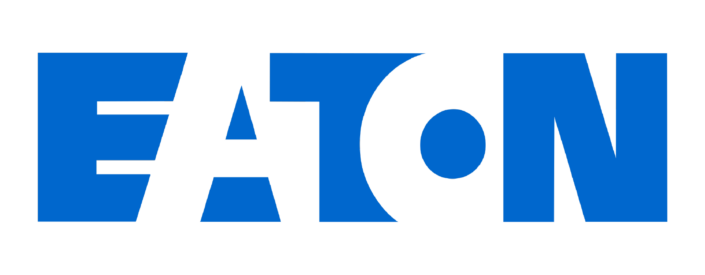 EATON corporate logo in bold blue capital letters on white background.