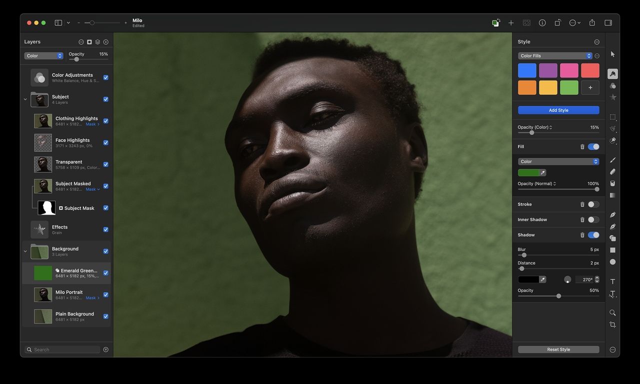 Dark moody portrait session in photo editing software showing color adjustment panels.