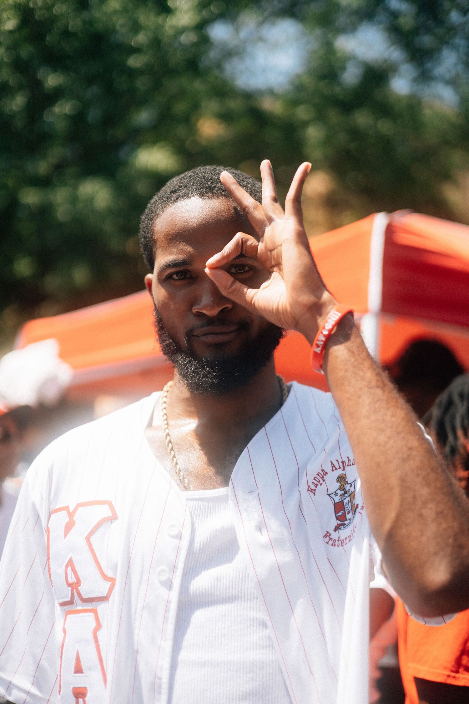 Person wearing a white Kappa fraternity jersey makes an OK hand gesture outdoors on a sunny day. USC Hip Hop Wednesday