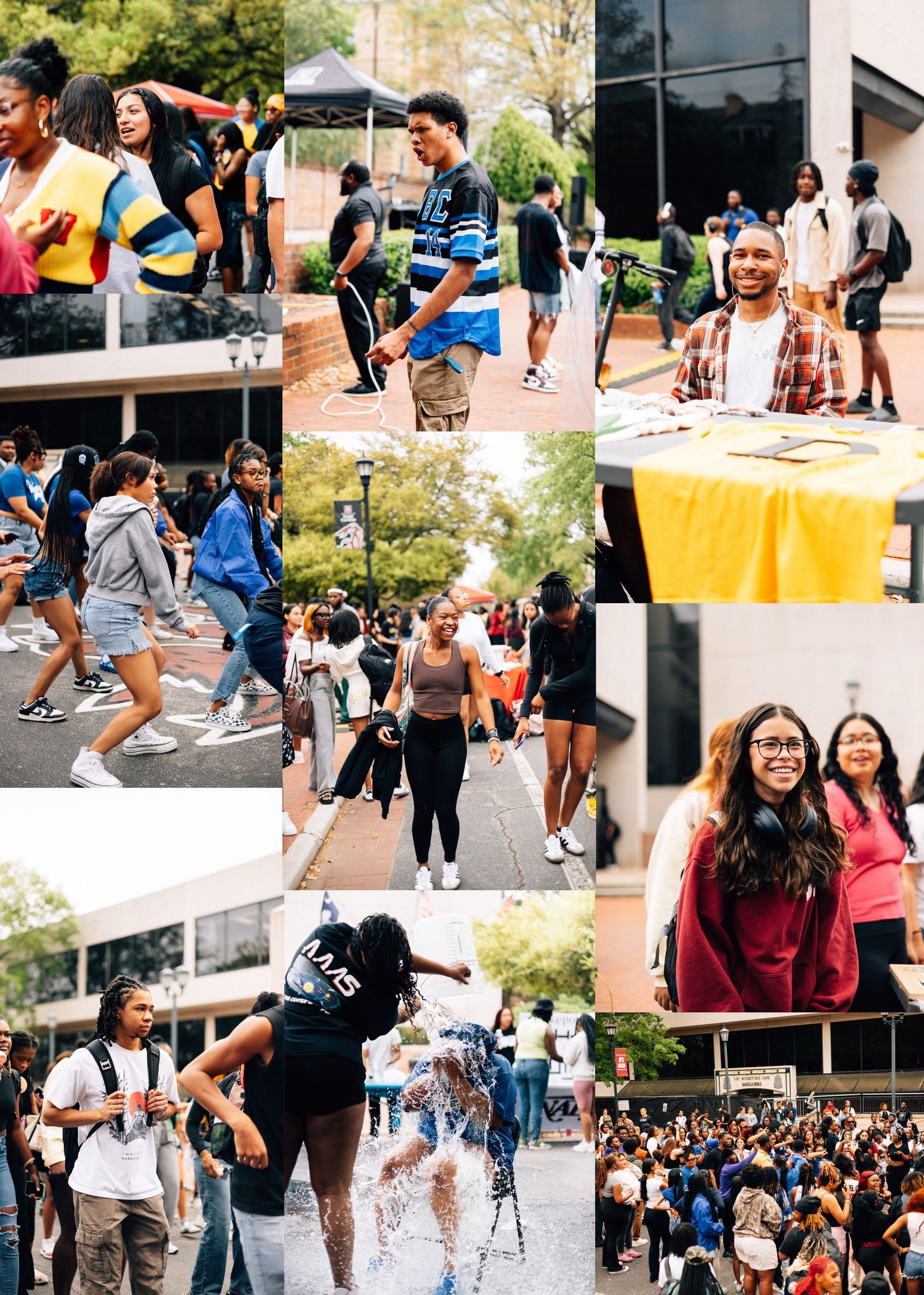Students enjoying outdoor campus activities and social gatherings during a sunny college event.