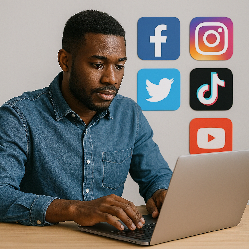 Professional working on laptop with social media icons floating above showing digital marketing strategy.