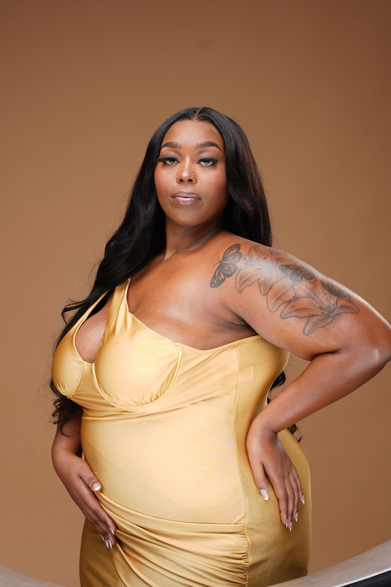 Studio portrait series in yellow sleeveless top against warm brown backdrop showing different poses and angles.