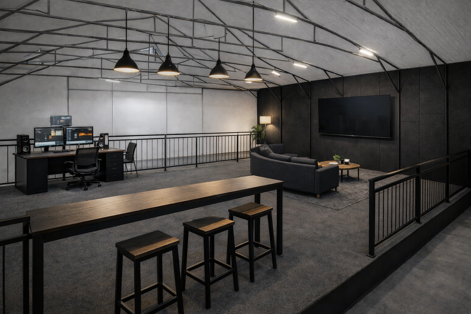 Modern industrial office space with bar seating, workstations and lounge area featuring dark walls and pendant lighting.
