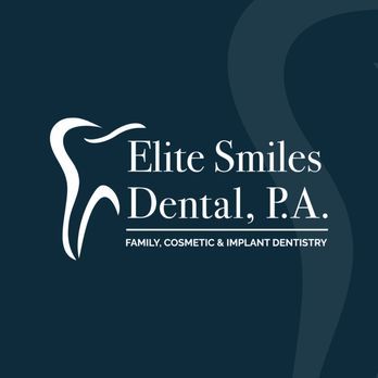Elite Smiles Dental logo on dark blue background with white tooth icon and text.