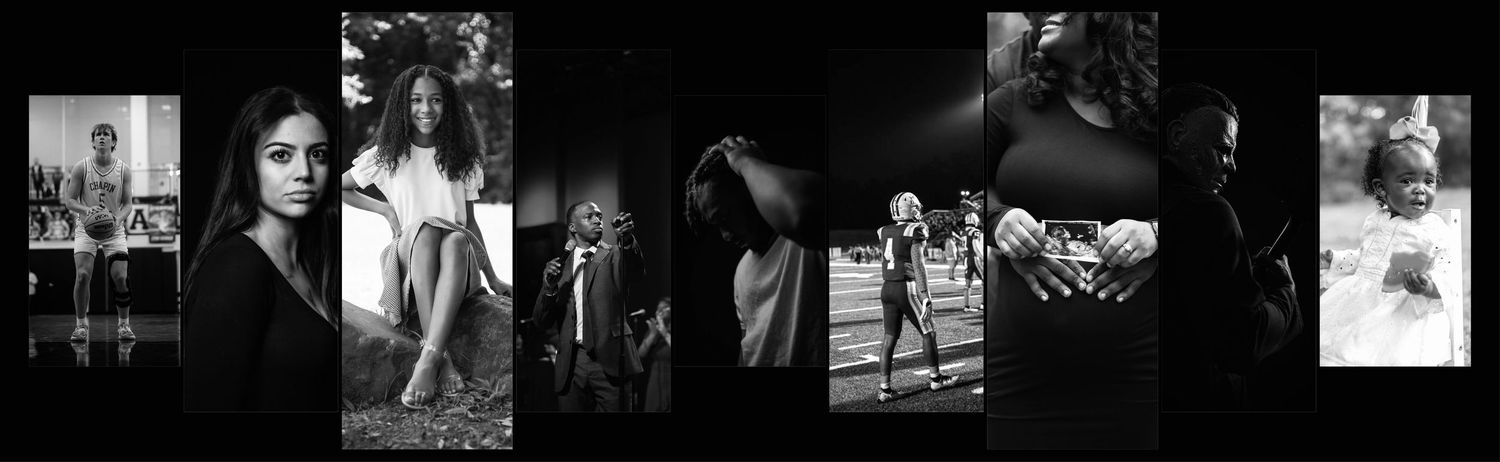 A black and white collage of multiple candid photographs arranged in a strip.