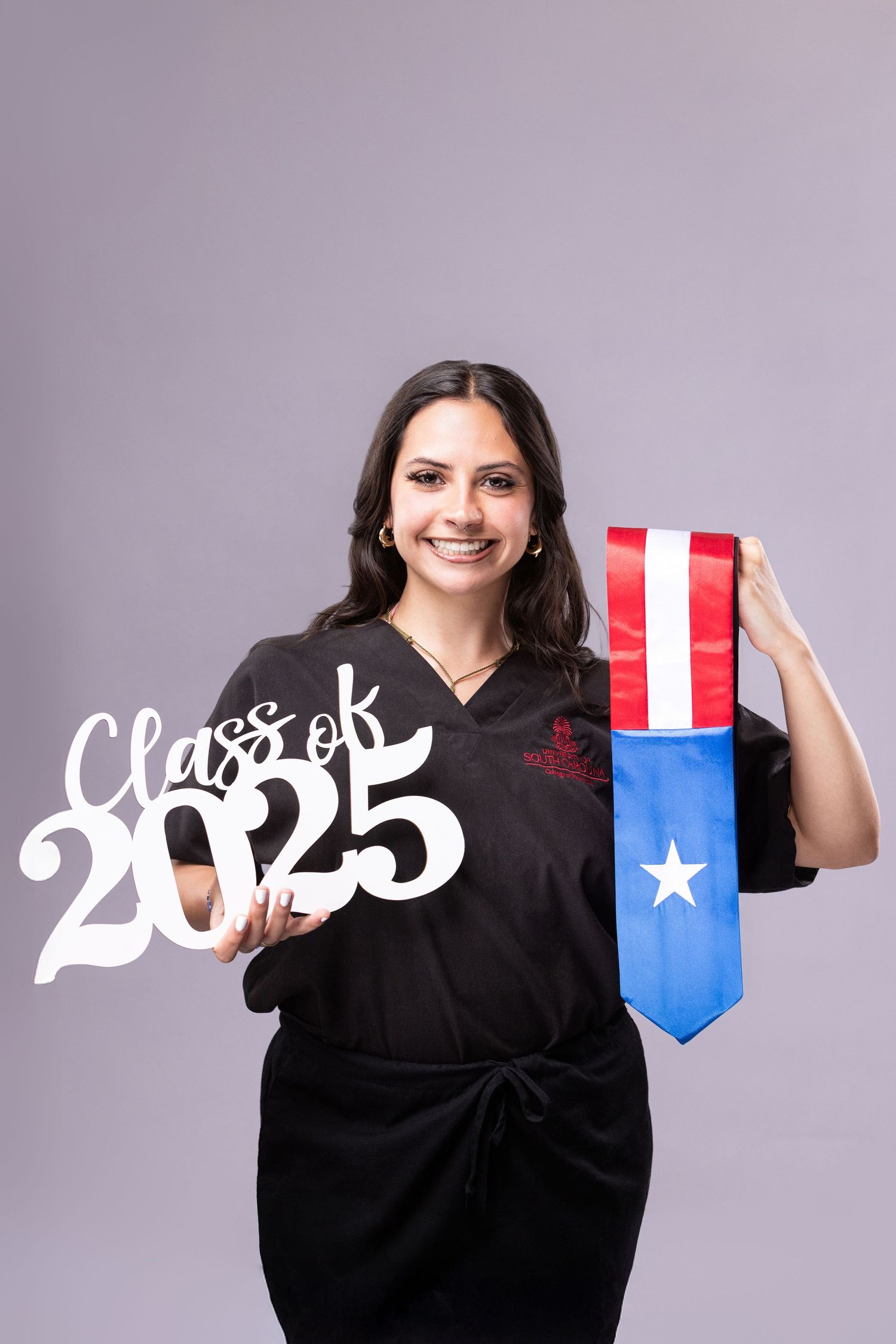 A series of graduation photos showing someone in a black academic gown holding a Puerto Rican flag banner.
