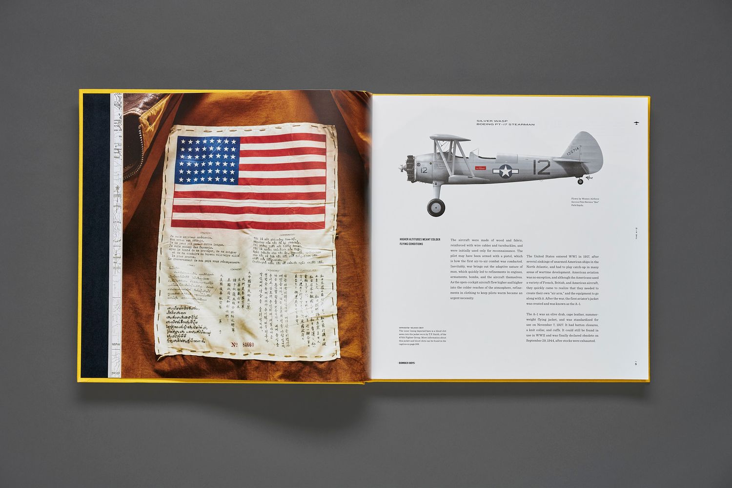 Open Bomber Boys book showing a flight jacket American flag blood chit patch beside an illustration of a vintage biplane trainer.