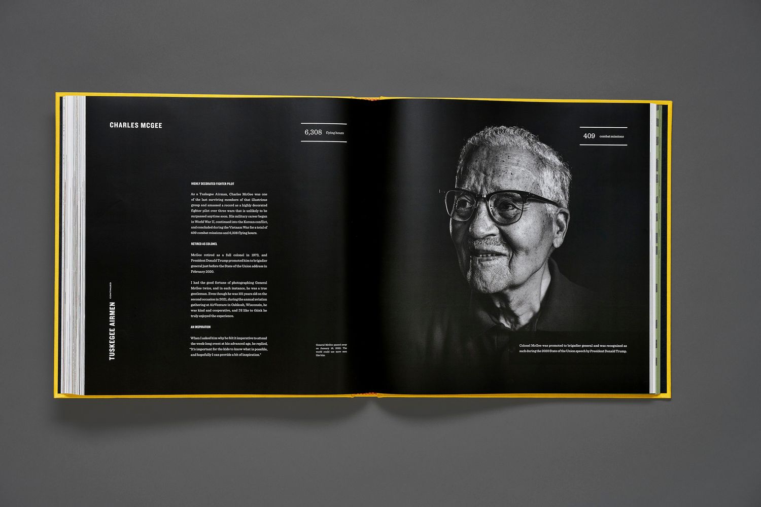 Bomber Boys book spread with a black and white portrait of an elderly veteran in glasses beside a biography text page on a dark layout.