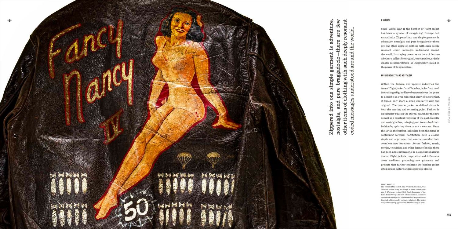 Bomber Boys book spread showing a leather flight jacket back painted with a pin-up girl, Fancy Nancy, and rows of bomb mission markings.