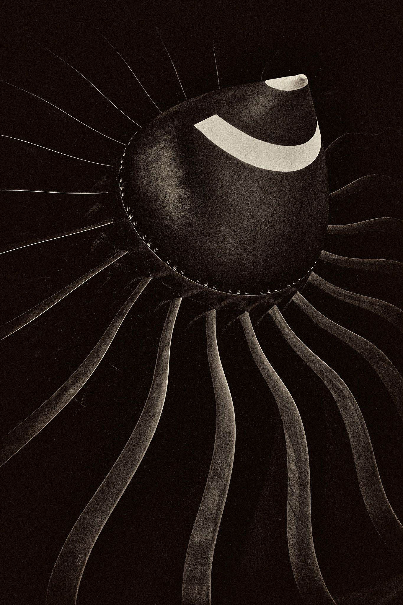 Sepia-toned close-up of a jet engine spinner cone with a white stripe and curved fan blades fanning out in darkness.