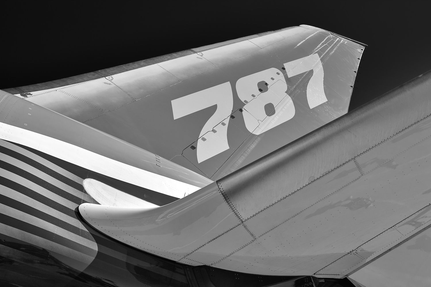 Black and white close-up of the vertical tail fin of a Boeing 787 Dreamliner with the large 787 model number painted on the aircraft.