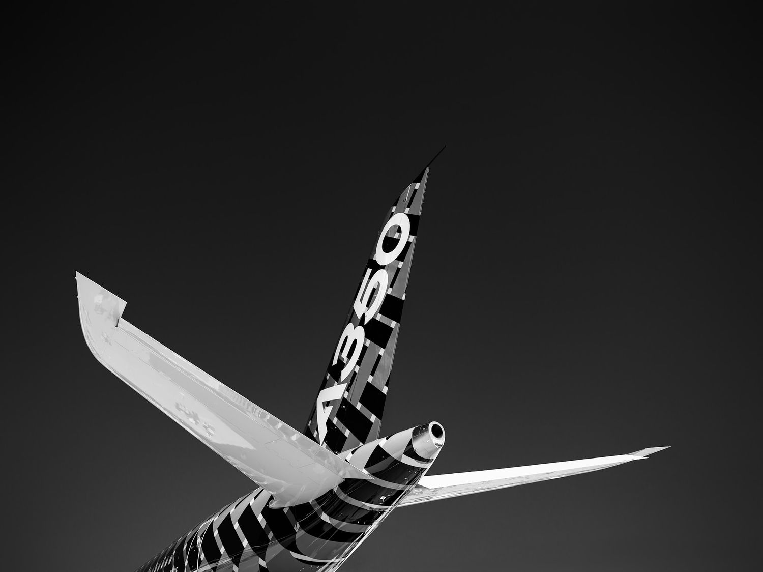 Black and white shot of an A350 tail fin and horizontal stabilizers with striped livery rising against a dark sky.