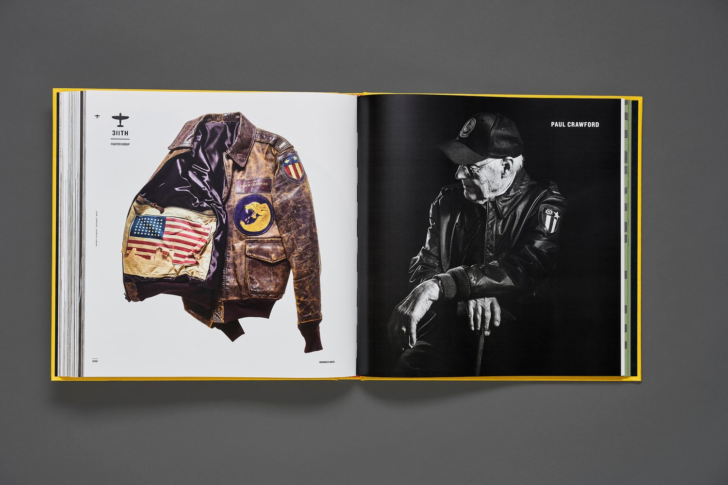 Bomber Boys book spread showing a worn leather flight jacket with patches next to a black and white portrait of a veteran in a cap.