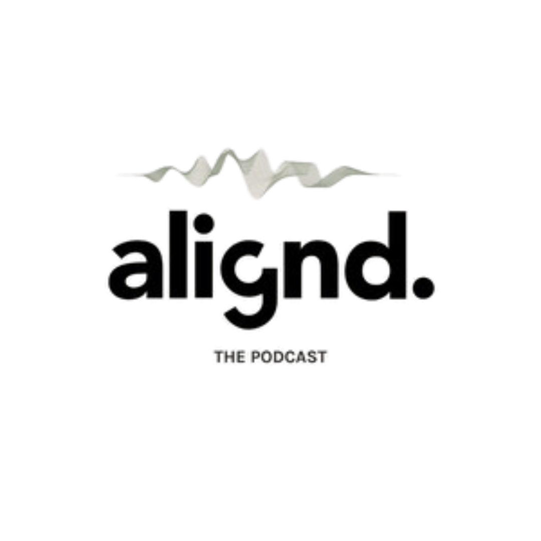 Alignd The Podcast logo with abstract sound wave graphic in grey on white background.