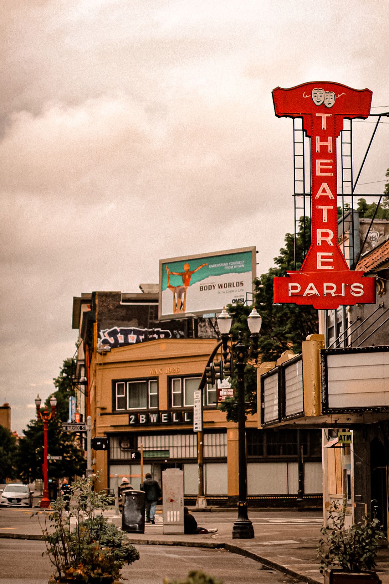 Downtown Portland, Oregon city life on stormy day.