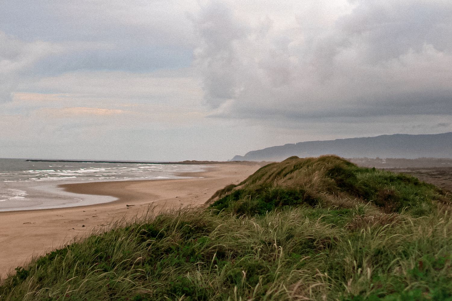 Coastal view from Oregon Sand Dunes State Park, grassy hill in foreground on stormy day.