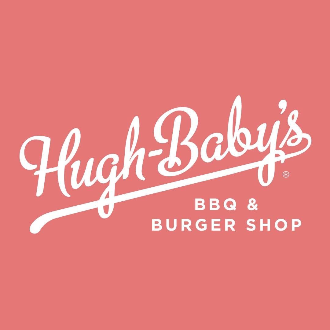 Hugh-Baby's BBQ & Burger Shop logo on a coral pink background in white retro script lettering.