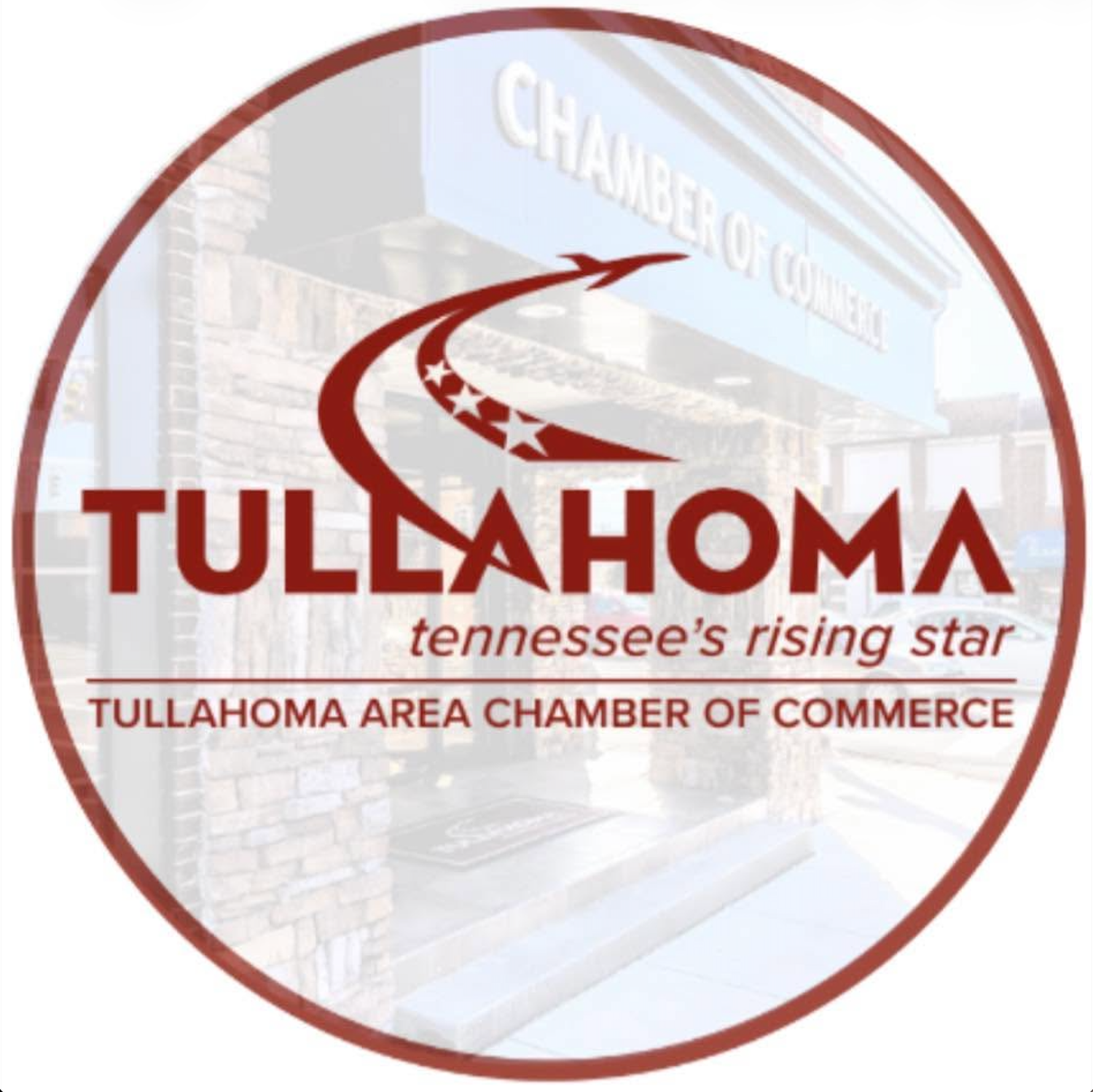 Tullahoma Area Chamber of Commerce logo, Tennessee's Rising Star, circular badge with building backdrop.