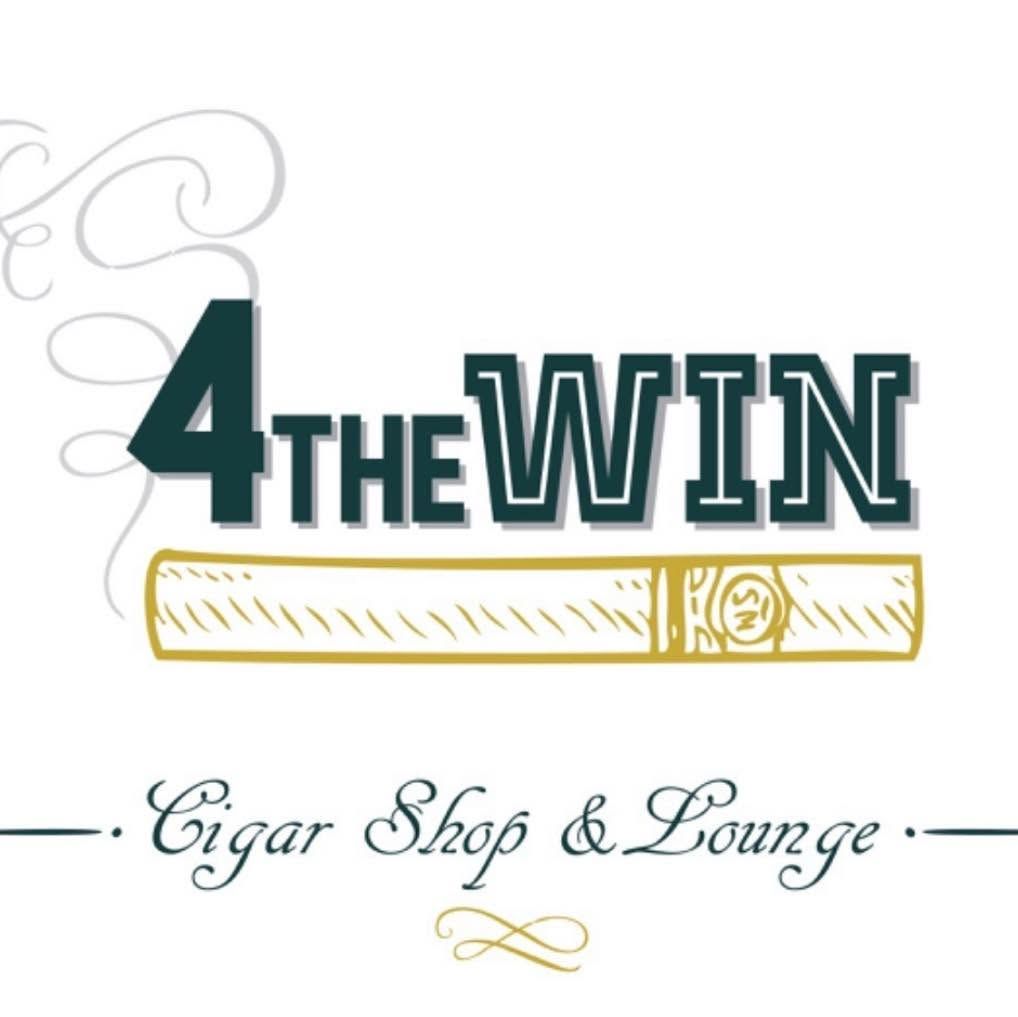 Logo for 4 The Win Cigar Shop & Lounge featuring a cigar graphic with green and gold typography.
