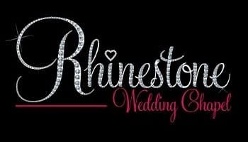 Rhinestone Wedding Chapel logo with sparkling crystal text on black background.