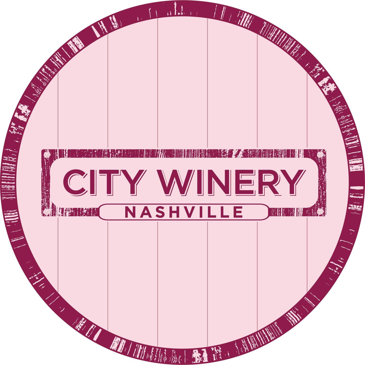 City Winery Nashville logo featuring pink barrel design with dark pink text and decorative border.