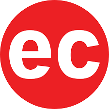 EC English language school logo featuring bold white letters on a vibrant red circle background.
