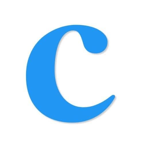 Bold blue letter C logo on white background, modern sans-serif typography for branding or app icon design.