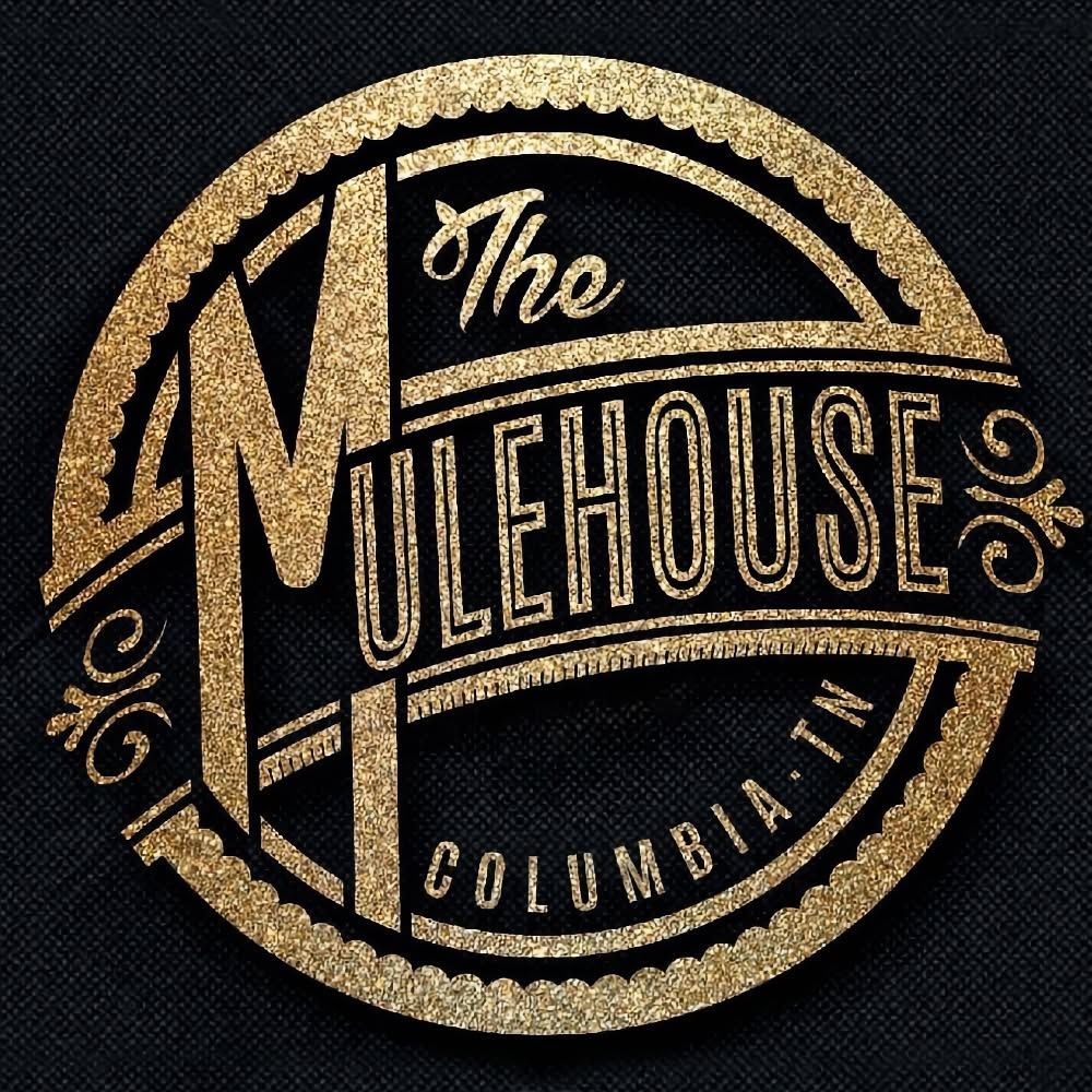 The Mulehouse Columbia, TN vintage gold circular logo on black background with decorative typography.