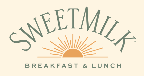 Sweet Milk Breakfast & Lunch restaurant logo with a rising sun graphic in orange and green tones.