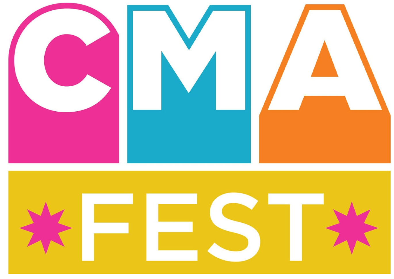 Colorful CMA Fest logo featuring bold pink, blue, and orange letters with decorative stars on a bright yellow background.